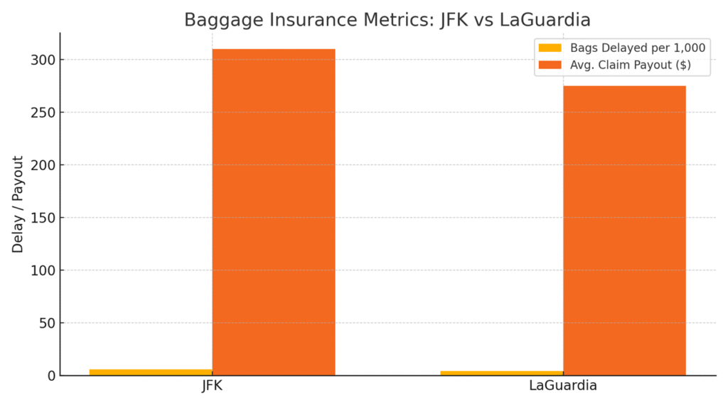 The chart compares key baggage insurance metrics for JFK and LaGuardia, including delayed bags per 1,000 passengers and average claim payout. These figures reinforce the importance of having baggage insurance for JFK and LaGuardia travelers—especially when flying internationally.


